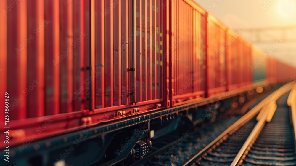 Obraz premium A dynamic image of a busy freight train transporting containers across the country, symbolizing the vital role of rail transportation in commerce and logistics. 