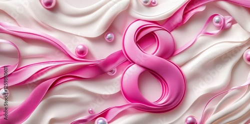 At a celebration event, an elegant golden ribbon numbered eight is encircled by pearls against a soft pastel backdrop