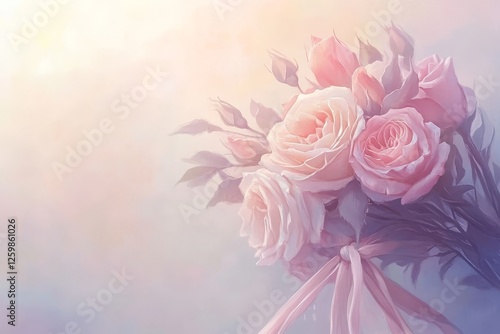 A stunning arrangement of pink and white roses is set against a gentle pastel backdrop and finished with a dainty ribbon