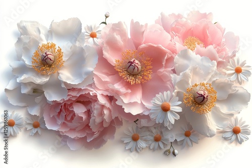A gentle composition featuring pale pink and white blooms, including peonies and daisies, set against a soft background
