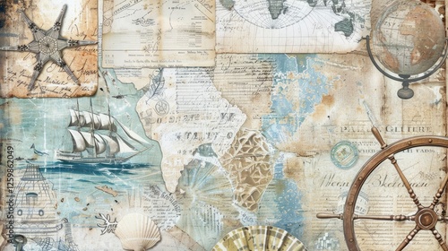 Marine background with old map, steering wheel, seashells and compass