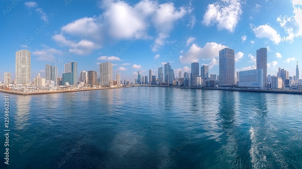 Fototapeta premium Panoramic view of a modern cityscape with high-rise buildings against a blue sky with clouds and water