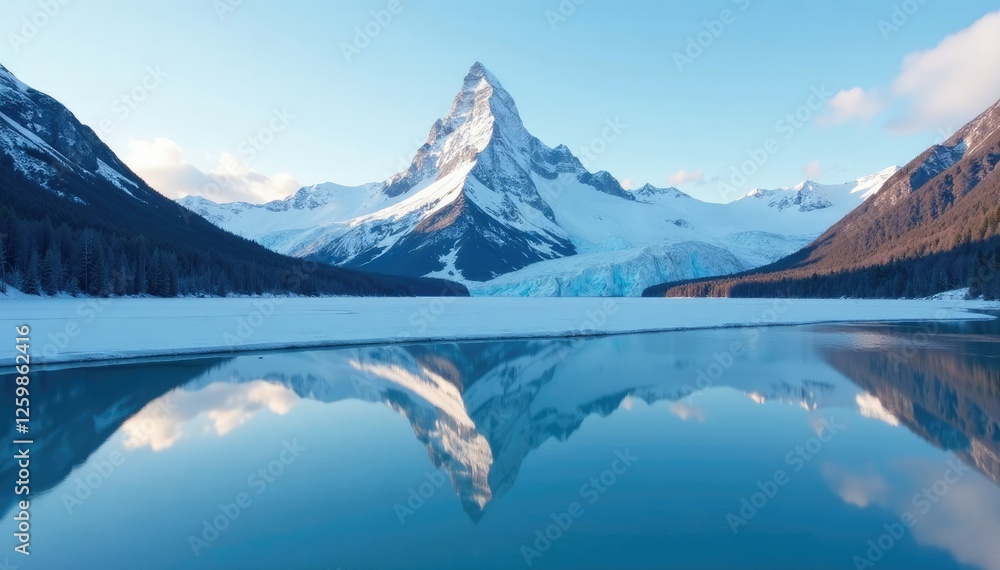 Glacier peak mirrored in a frozen lake's surface, frozen waterbody, ice, mountain range Glacier peak mirrored in a frozen lake's surface, frozen waterbody, ice, mountain range