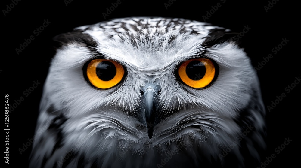 Fototapeta premium a white owl with yellow eyes against a black background Its feathers are a stark contrast to the dark background, creating a striking visual