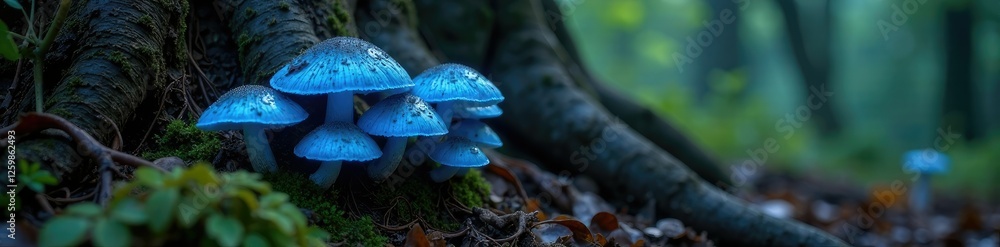 Fototapeta premium Glowing blue mushrooms growing on the roots of an ancient tree, decay, woods