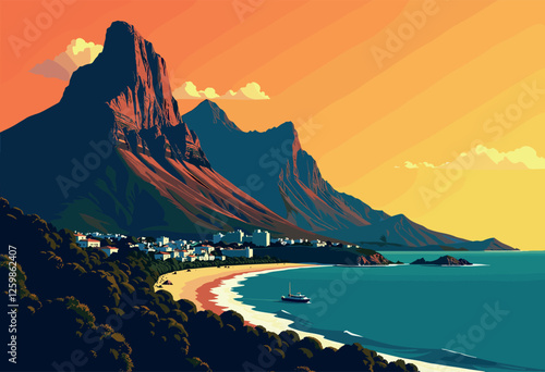 Vibrant Digital Illustration of Table Mountain at Sunset