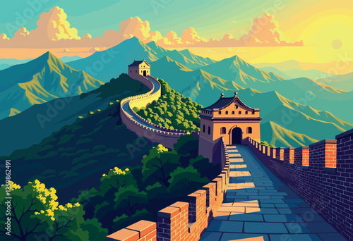 Vibrant Illustration of the Great Wall of China
