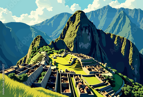 Vibrant Digital Illustration of Machu Picchu, Peru