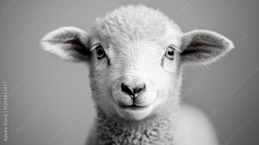 Obraz premium a black and white photo of a baby lamb looking at the camera with a blurred background
