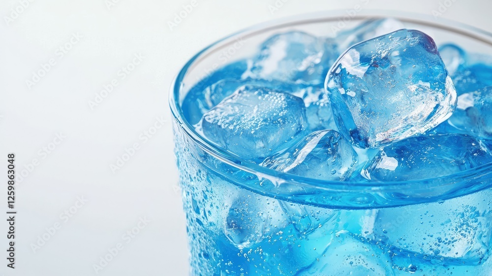 Close-up of a chilled carbonated drink with ice cubes floating in a fizzy blue liquid. Close-up of a chilled carbonated drink with ice cubes floating in a fizzy blue liquid.
