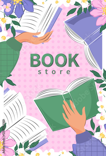 Layout design for bookstore, bookshop or library. People read books. Vector illustration for poster, cover, marketing, sale.
