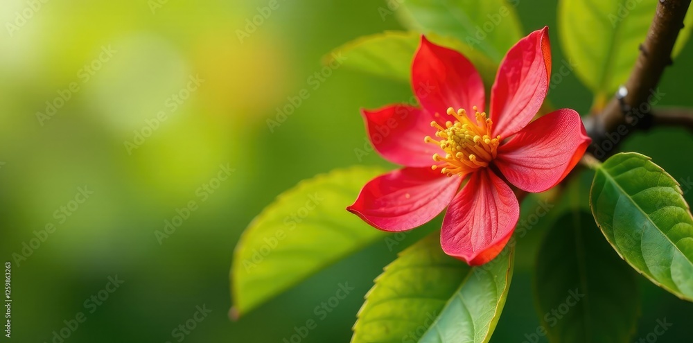 Obraz premium Red guava blossom on a branch with yellow leaves, tree, nature
