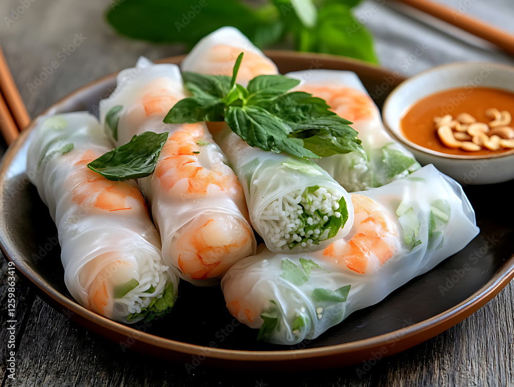 Shrimp Summer Rolls: A plate of fresh summer rolls, filled with succulent shrimp and crisp vegetables, accompanied by a creamy dipping sauce Shrimp Summer Rolls: A plate of fresh summer rolls, filled with succulent shrimp and crisp vegetables, accompanied by a creamy dipping sauce