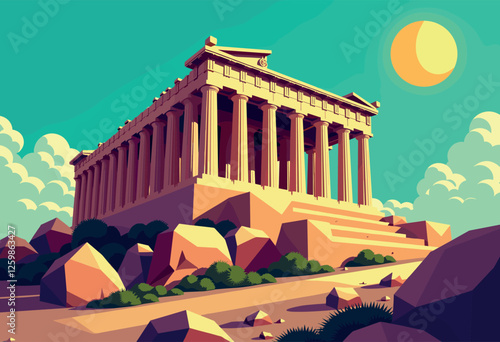 Vibrant Digital Illustration of the Parthenon, Athens