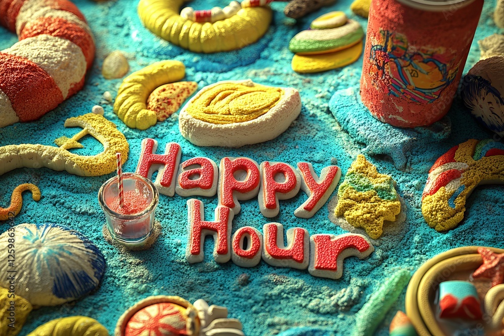 Naklejka premium Vibrant summer decorations and tropical cocktails on a beach with sand during happy hour