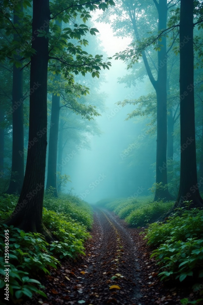 Obraz premium Serene forest scene with a subtle layer of fog, misty, foliage, foggy