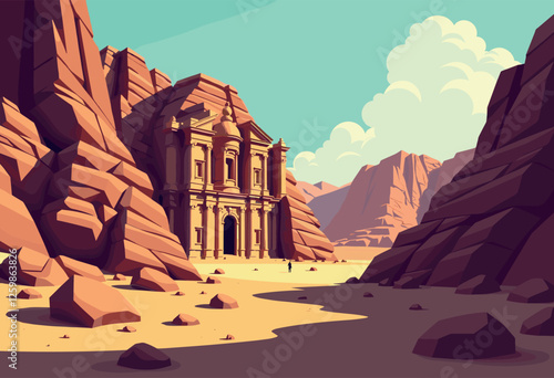 Vibrant Digital Illustration of Petra, Jordan