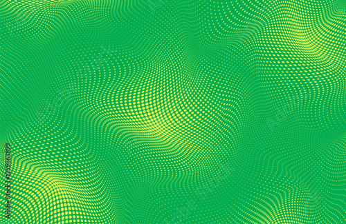 Green and yellow fade gradient. Duotone wave gradation frame. Anime curve backdrop. Halftone pop art background. Monochrome dot pattern. Banner with half tone effect. Cartoon print vector illustration