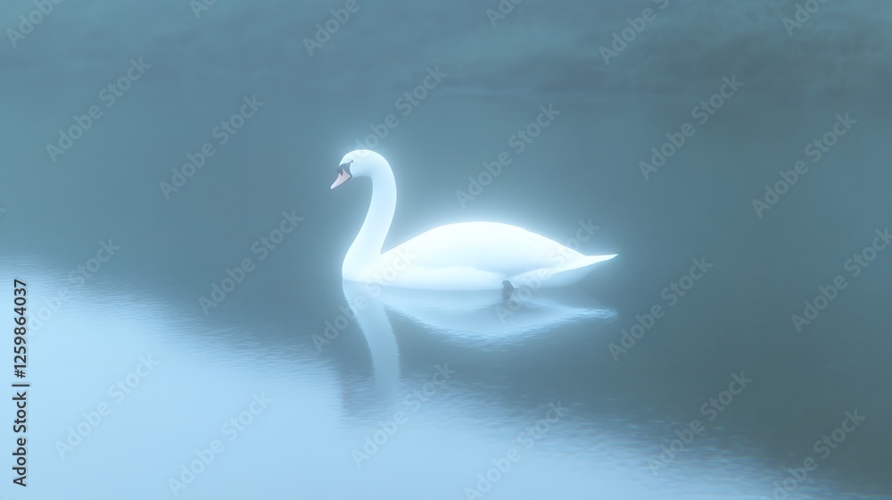 Obraz premium Ethereal Swan Floating on Misty Lake with Serene Reflection A tranquil moody and mystical scene of a lone swan gliding gracefully across a still hazy lake with a stunning mirrored reflection