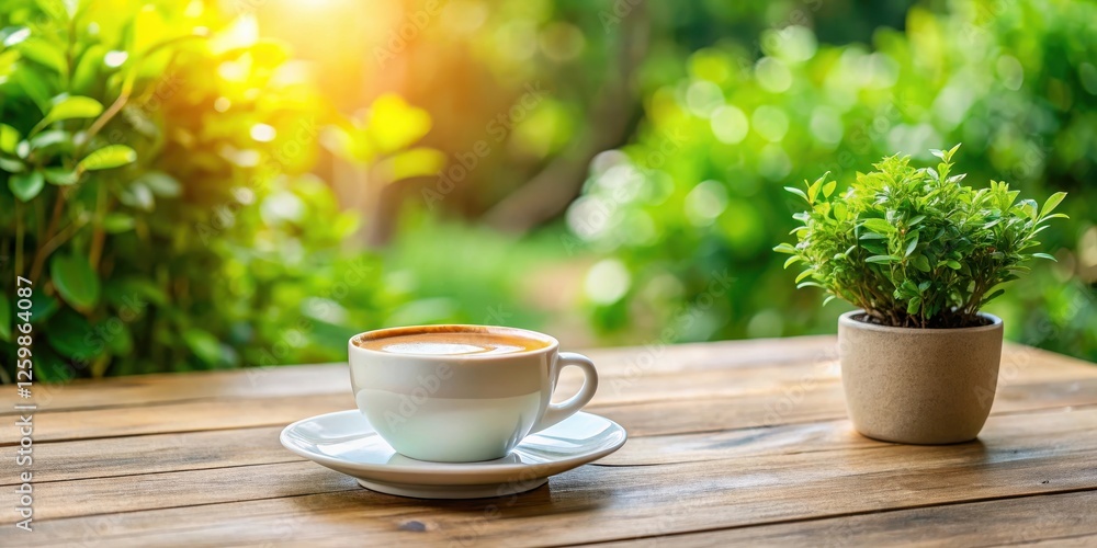 A close-up shot of a white cup of coffee on a wooden table with small trees and green leaves in a vase , greenery, tree, greenery A close-up shot of a white cup of coffee on a wooden table with small trees and green leaves in a vase , greenery, tree, greenery