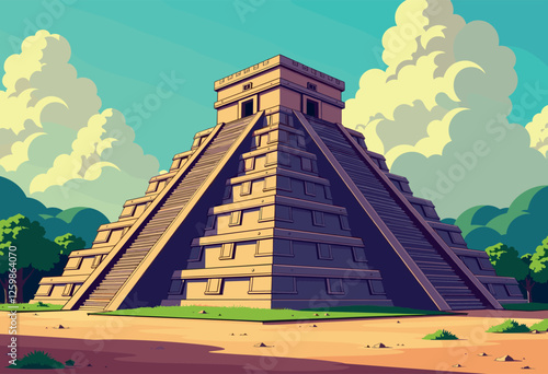Vibrant Digital Illustration of Chichen Itza Pyramid