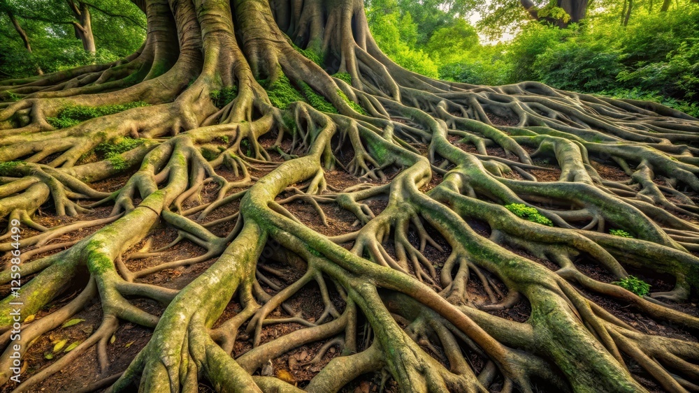 Fototapeta premium Dense network of tree roots spreading across the surface, leafy branches, root system