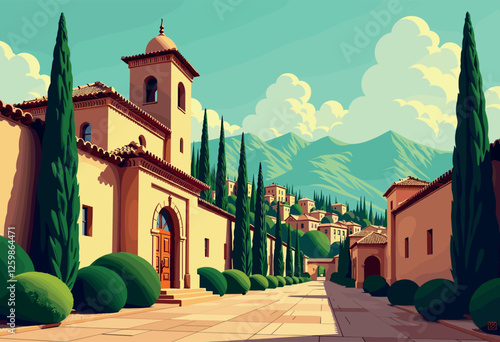 Vibrant Digital Illustration of the Alhambra at Sunset