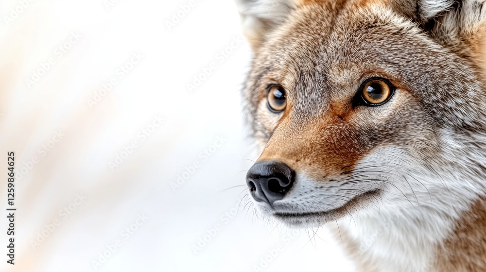 Fototapeta premium a close up of a coyote's face in the snow, with its brown, white and black fur standing out against the white background
