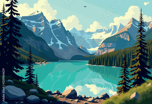 Vibrant Digital Illustration of Banff National Park Lake