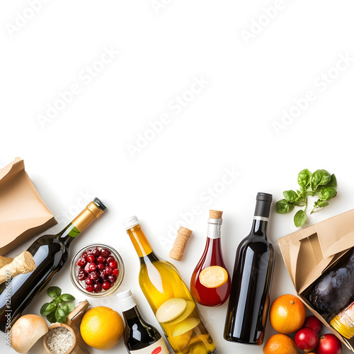Assortment of Fresh Organic Ingredients, Bottles, and Kitchenware Arranged on a Wooden Table for Culinary
