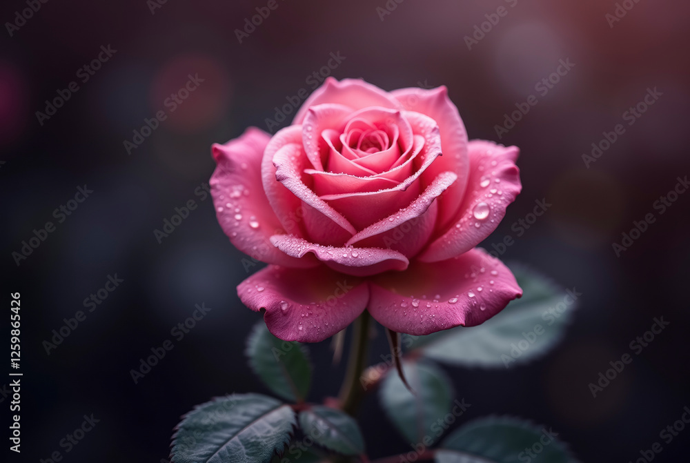 A delicate, pink rose in dewy morning light A delicate, pink rose in dewy morning light