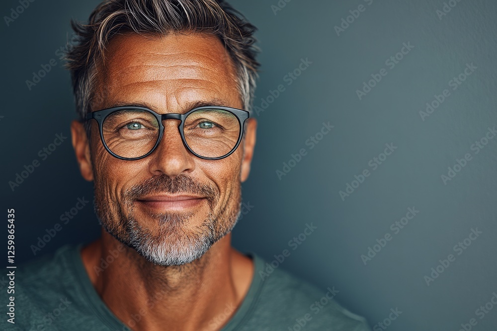 The portrait is a close-up of a middle-aged man who wears glasses and has a smile on his face The portrait is a close-up of a middle-aged man who wears glasses and has a smile on his face