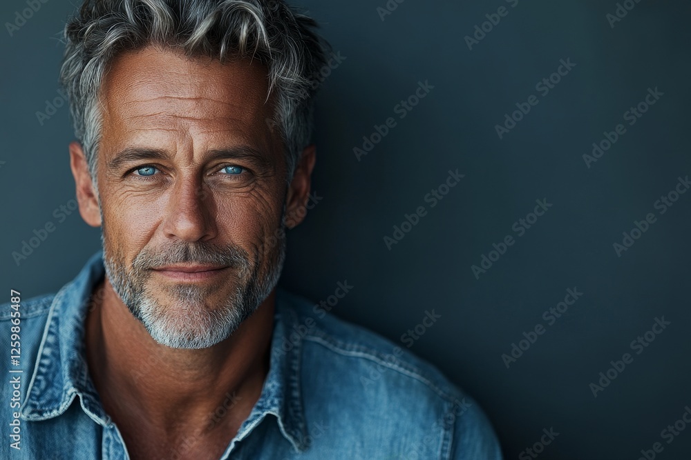The image features a smiling man with gray-flecked hair wearing a denim shirt, positioned against a plain gray backdrop, conveying a feeling of relaxation and friendliness The image features a smiling man with gray-flecked hair wearing a denim shirt, positioned against a plain gray backdrop, conveying a feeling of relaxation and friendliness