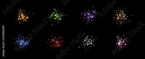 Glowing magic sparkles. Glittering dots, particles and stars. Glow flare light effect. Luminous points different colors. Vector particles on black background.