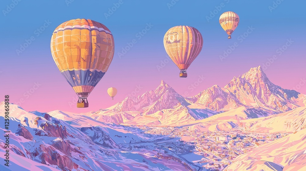 Obraz premium Three hot air balloons flying over a mountain range. the balloons are in different colors - one is orange, one is pink, and one is yellow. the sky is blue and the mountains are covered in snow.