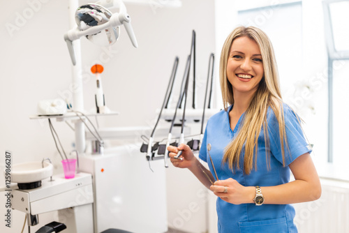 Portrait of happy dentist in her dentist's office. Confident adult woman working in a dental clinic.