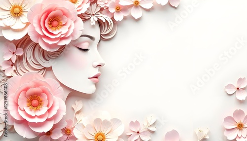 International Women's Day, An elegant illustration showcasing a woman's face surrounded by delicately layered flowers in a paper-cut style