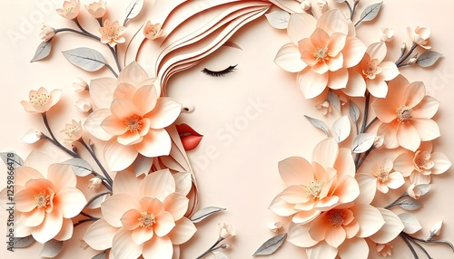 International Women's Day, An elegant illustration showcasing a woman's face surrounded by delicately layered flowers in a paper-cut style