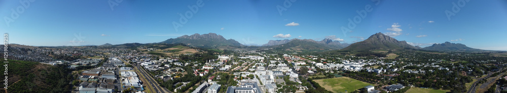 Stellenbosch Town South Africa Aerial Panorama with mountains in the background. Stellenbosch Town South Africa Aerial Panorama with mountains in the background.
