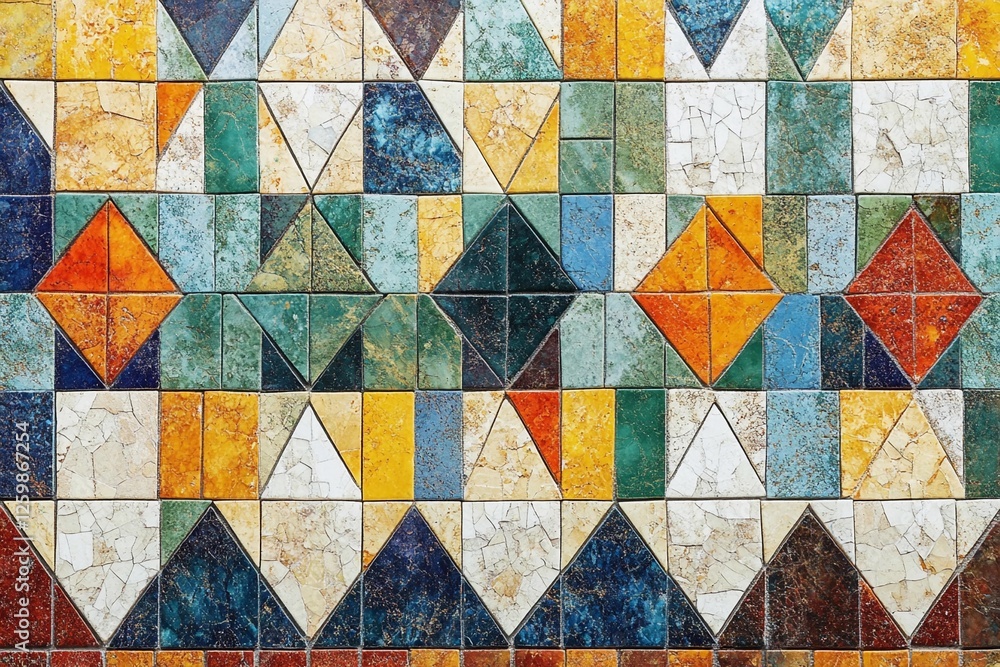 Colorful mosaic pattern featuring diverse geometric shapes in a vibrant design Colorful mosaic pattern featuring diverse geometric shapes in a vibrant design