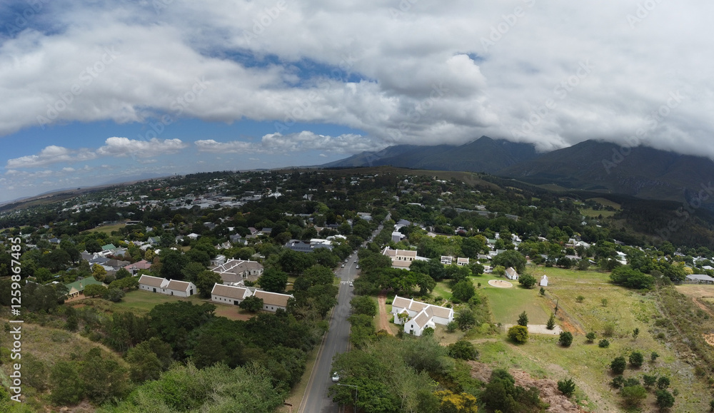 Fototapeta premium Swellendam Town South Africa Aerial Panorama with mountains in the background.