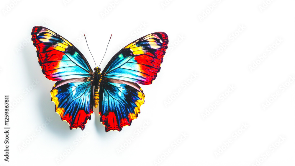 Obraz premium Vibrant colorful butterfly on white background. Symbol of care, childhood, trust, elegance, beauty. Perfect for nature branding, artistic designs, and butterfly themed visuals. Copy space