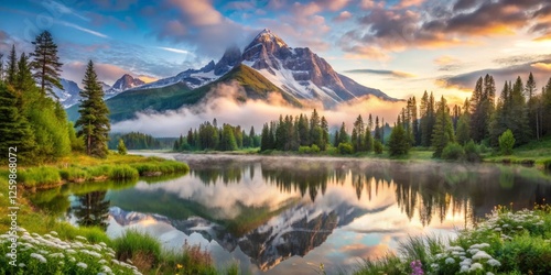 Serene Sunrise Over a Mountain Lake Reflected in Still Waters, Trees and Wildflowers photo