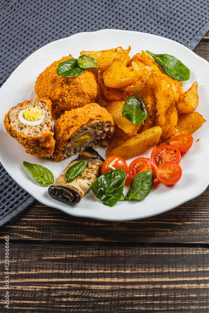 Crispy stuffed chicken with fried potatoes and fresh vegetables on a plate Crispy stuffed chicken with fried potatoes and fresh vegetables on a plate