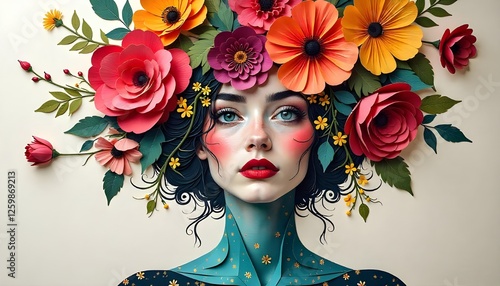 International women days, a modern and abstract paper collage artwork showcasing a woman's portrait enveloped by a vibrant array of flowers