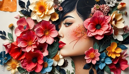 International women days, a modern and abstract paper collage artwork showcasing a woman's portrait enveloped by a vibrant array of flowers