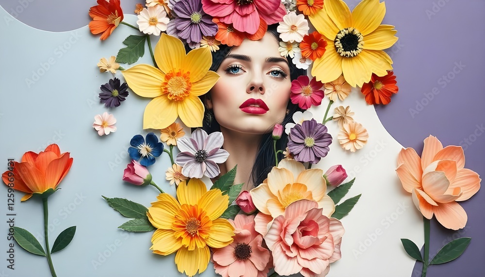 International women days, a modern and abstract paper collage artwork showcasing a woman's portrait enveloped by a vibrant array of flowers International women days, a modern and abstract paper collage artwork showcasing a woman's portrait enveloped by a vibrant array of flowers