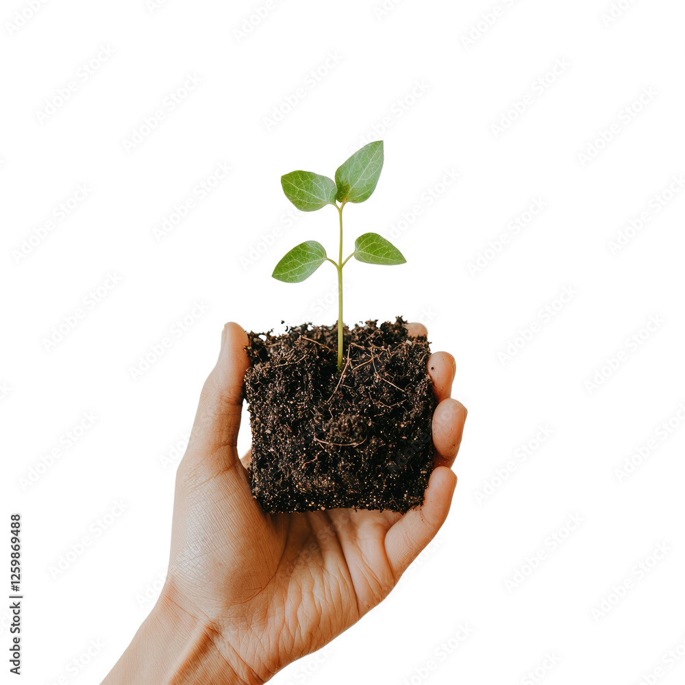 Hand Holding Seedling with Soil, Symbolizing Growth, New Beginnings, and Environmental Awareness Hand Holding Seedling with Soil, Symbolizing Growth, New Beginnings, and Environmental Awareness