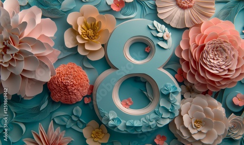 The number eight is beautifully designed with colorful floral patterns on a light background, ideal for celebrations