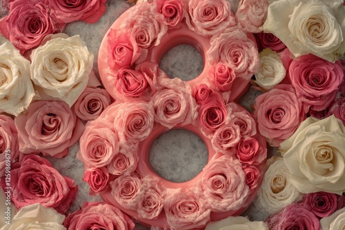 The number eight is prominently featured in a beautiful floral arrangement, encircled by soft pink roses and vibrant green leaves on a pale background